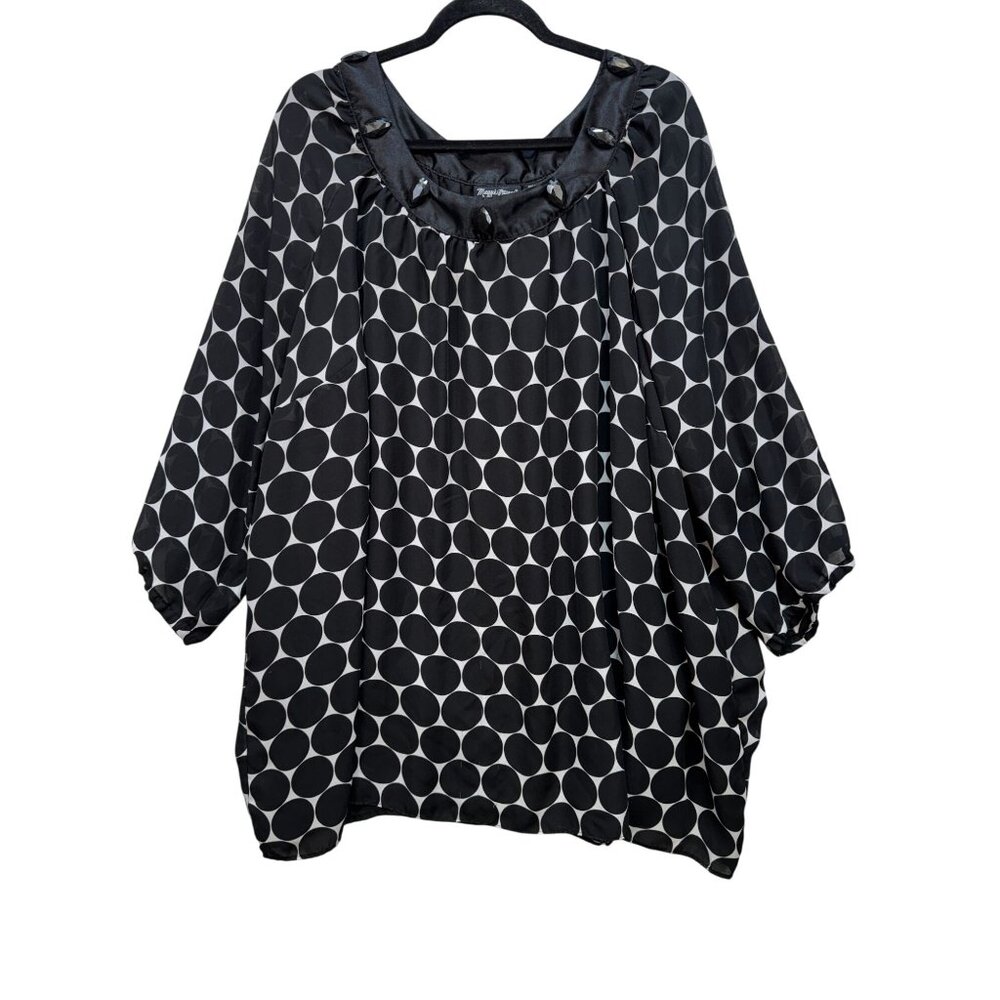 Maggie Barnes Womens Tunic Top Size 4X Black White Polka Dot Beaded Satin